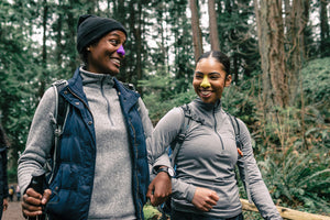 Two intrepid hikers sporting our dermatologist recommended, reef-safe, zinc oxide Nözscreen on their incredible hike